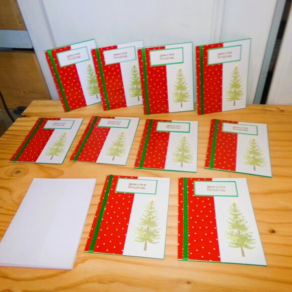 Set of 10 Handmade Christmas Tree Cards (Green Ribbon) - Picture 1 of 4